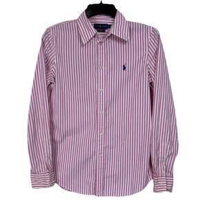 Ralph Lauren Shirt Womens XS Pink White Stripe Button Up Custom Fit Long Sleeve